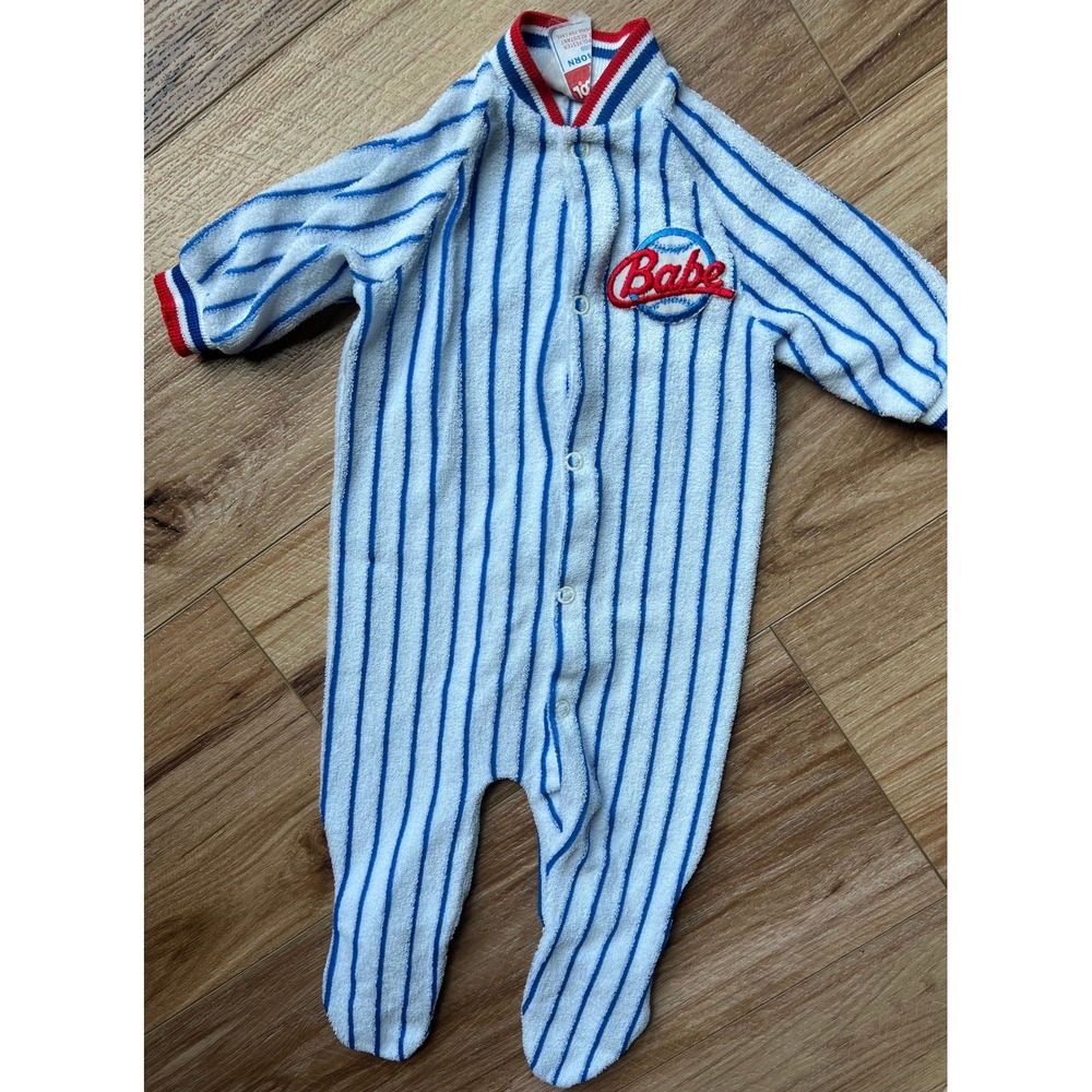 VTG Playskool Footed Sleeper Baby NB White Blue Baseball Pinstripe Retro Y2K 90s